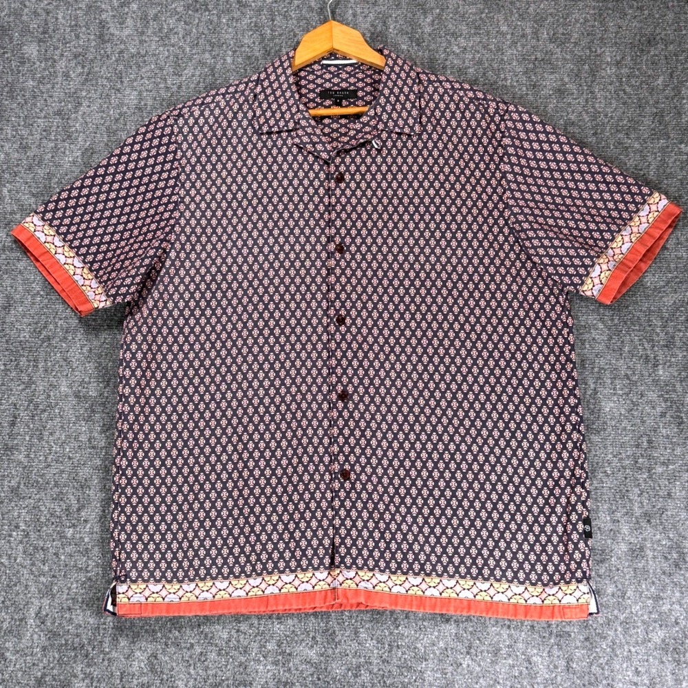Ted Baker Men's XL Nelma Navy Geometric Border Print Lyocell Linen Shirt